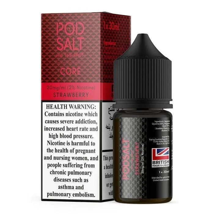 Pod Salt Core Range Strawberry E-liquid: 30ml bottle of 20mg (2%) nicotine salt e-liquid with prominent health warning.