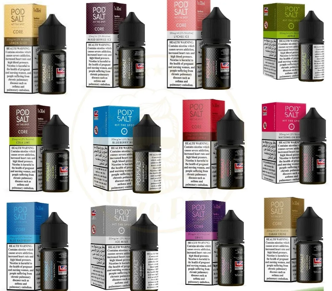 Pod Salt E-liquid, Nicotine Salts, Vape Juice, E-cigarette, Flavors, Mixed Berries, Lychee, Blueberry, Cola, Apple, Watermelon, Raspberry, Mint, Cream, UK, 20mg.